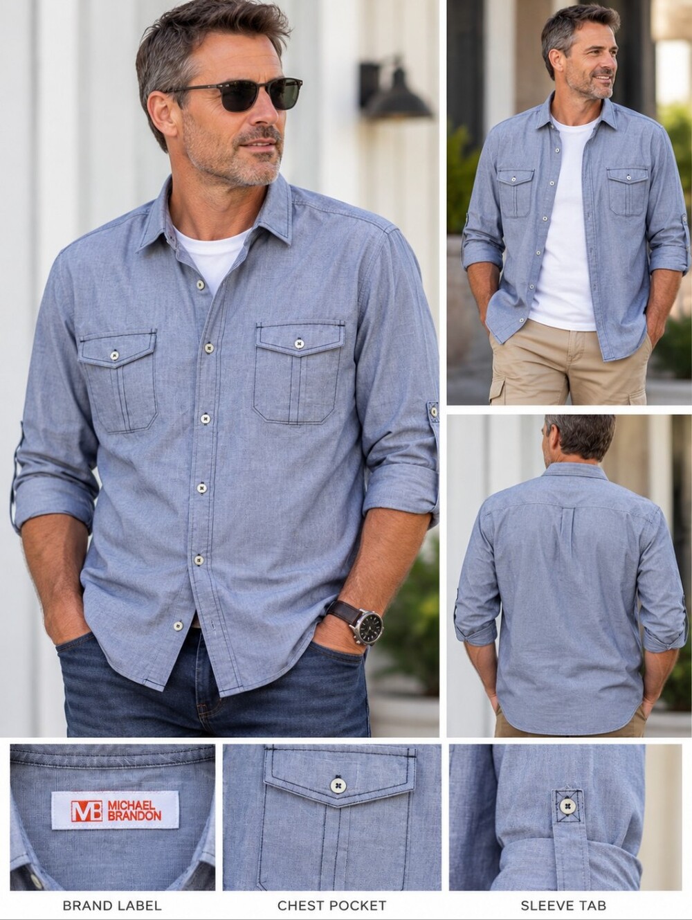 Michael Brandon Men’s XL Blue Chambray Long Sleeve Button Down Shirt Roll Tab